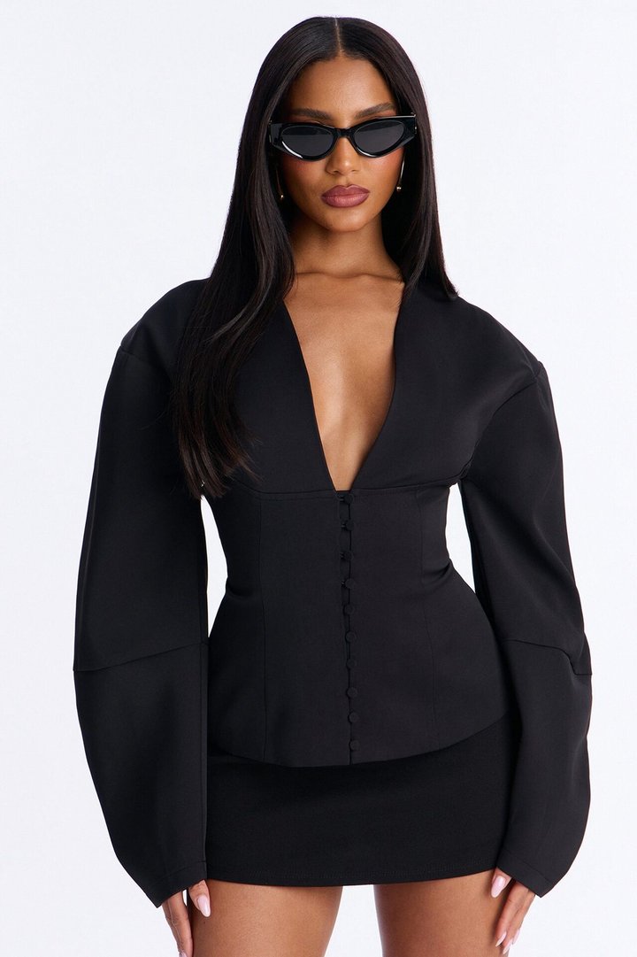 Off Duty Boss Puff Sleeve Button Front Blouse - Black
