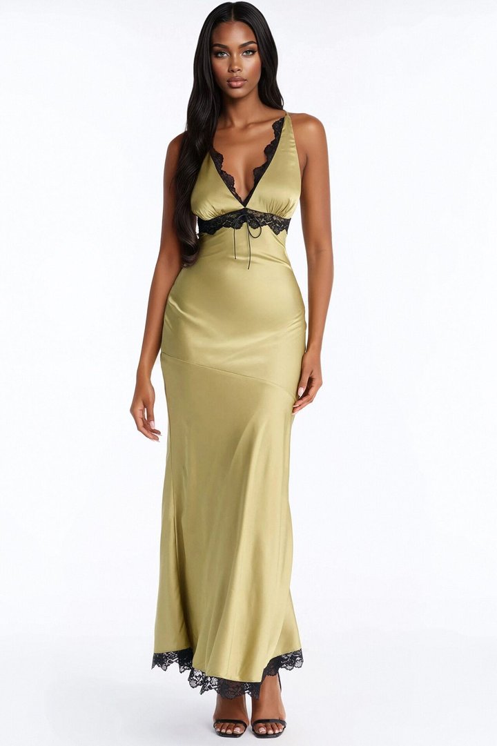 Raylene Lace Satin Maxi Dress - Green/combo