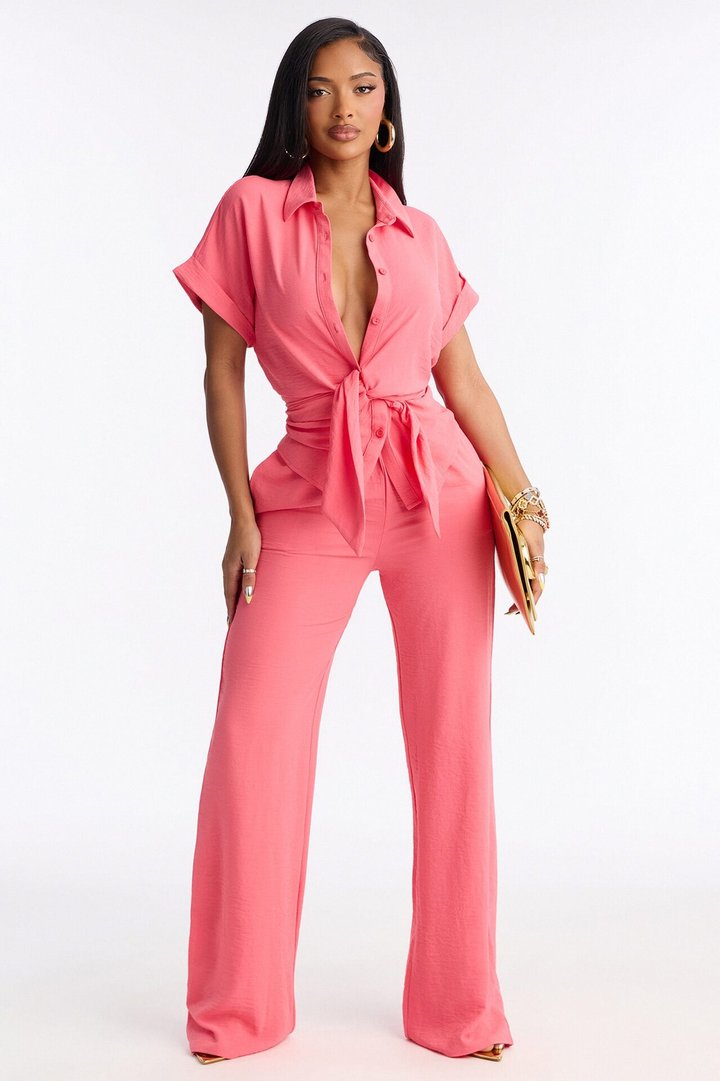 Makela Tie Front Wide Leg Pant Set - Pink