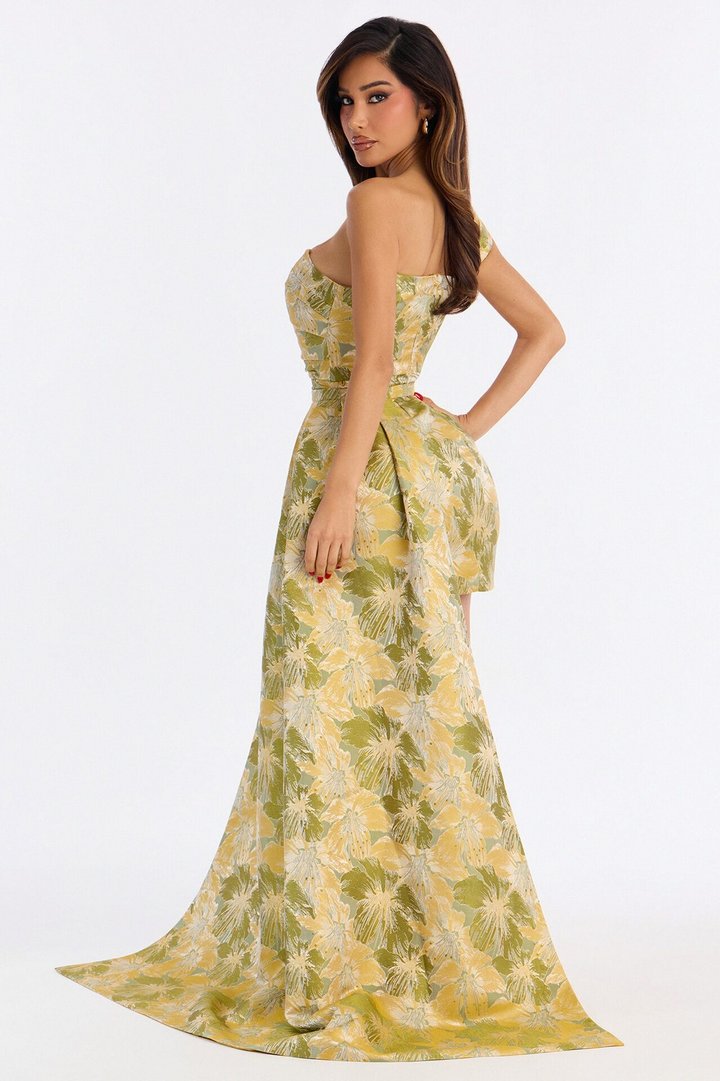Isabella Removable Train Jacquard Mini Dress - Green/combo