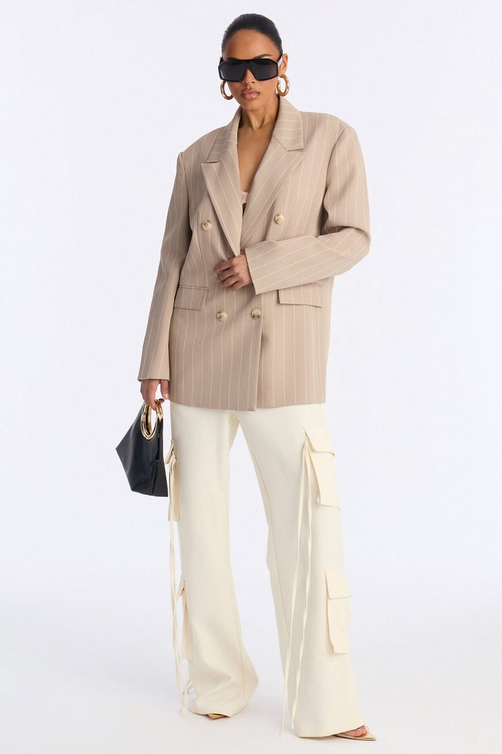 Regina Double Breasted Boyfriend Pinstripe Blazer - Stone