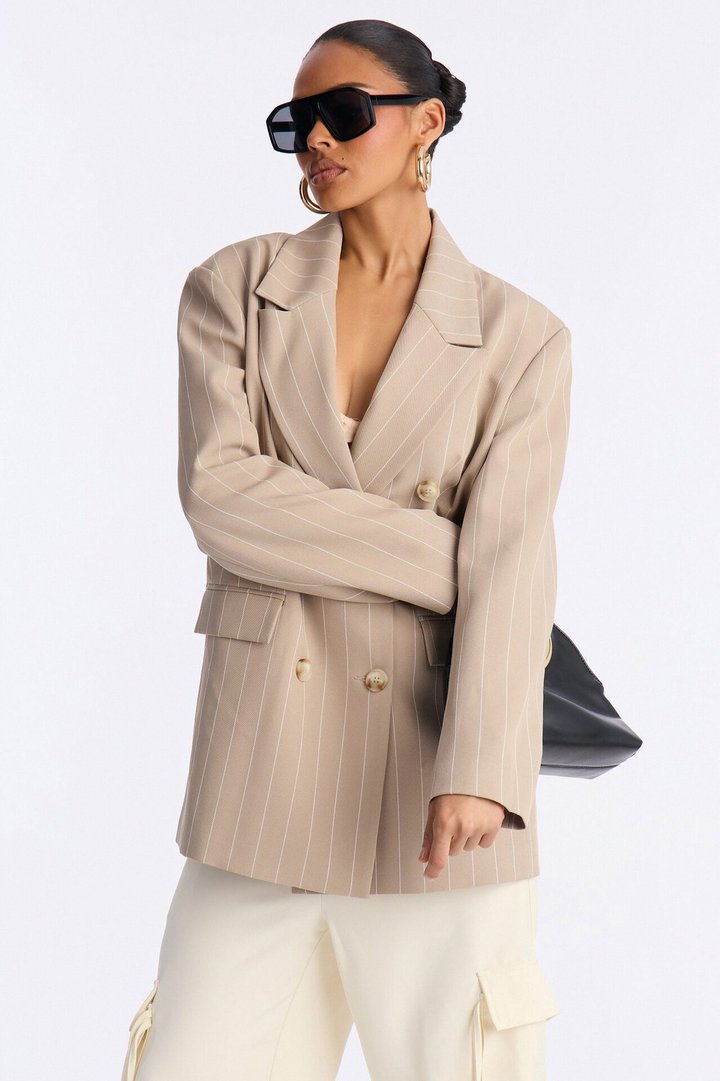 Regina Double Breasted Boyfriend Pinstripe Blazer - Stone