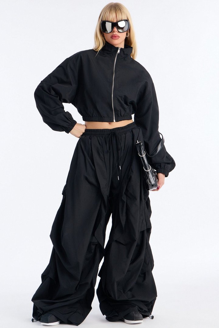 Midnight Drift Extreme Wide Leg Windbreaker Set - Black