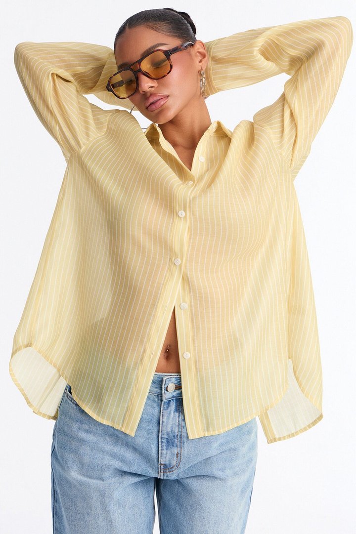 Cute Chaos Pinstripe Sheer Shirt - Butter Yellow