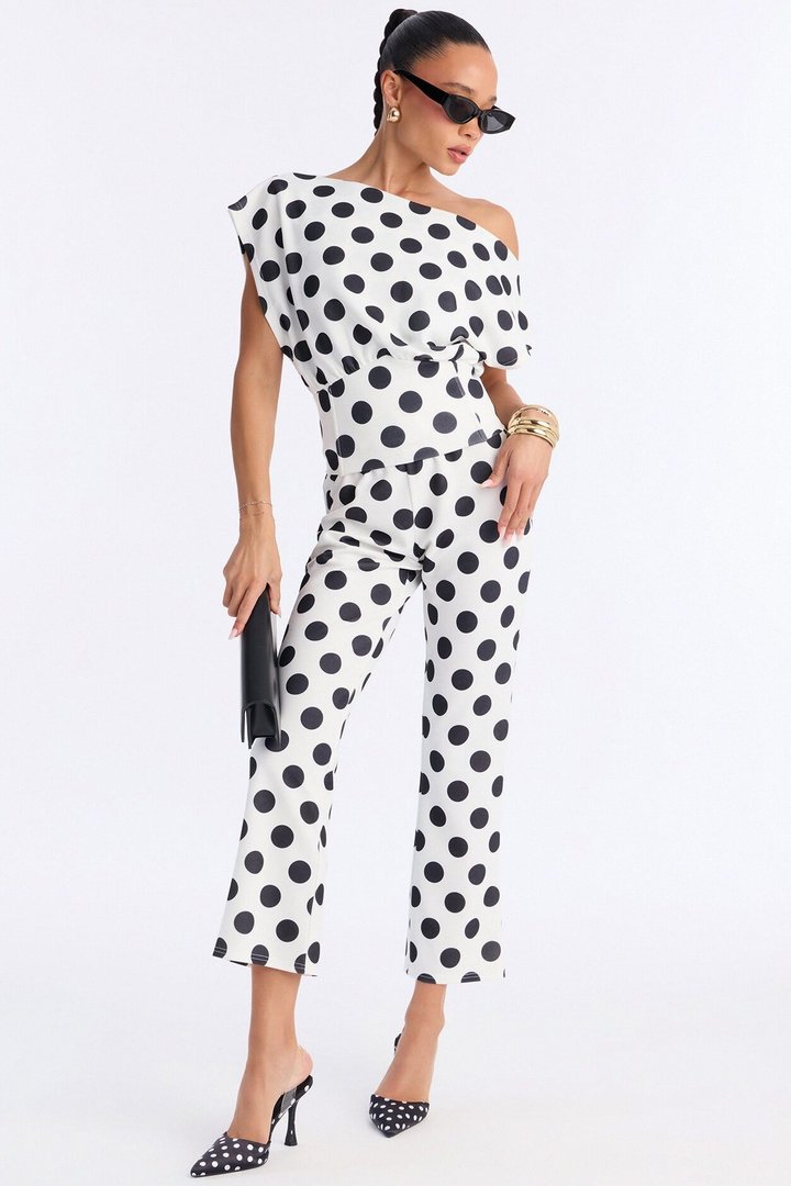 Lily Polka Dot Off Shoulder Pant Set - White/Black