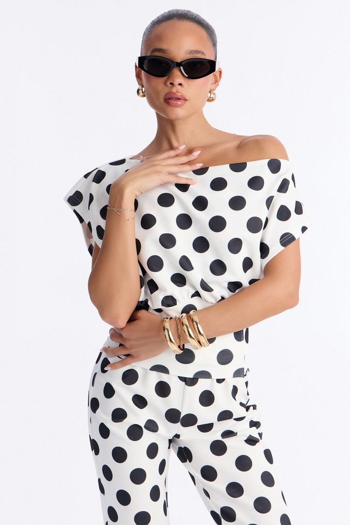 Lily Polka Dot Off Shoulder Pant Set - White/Black