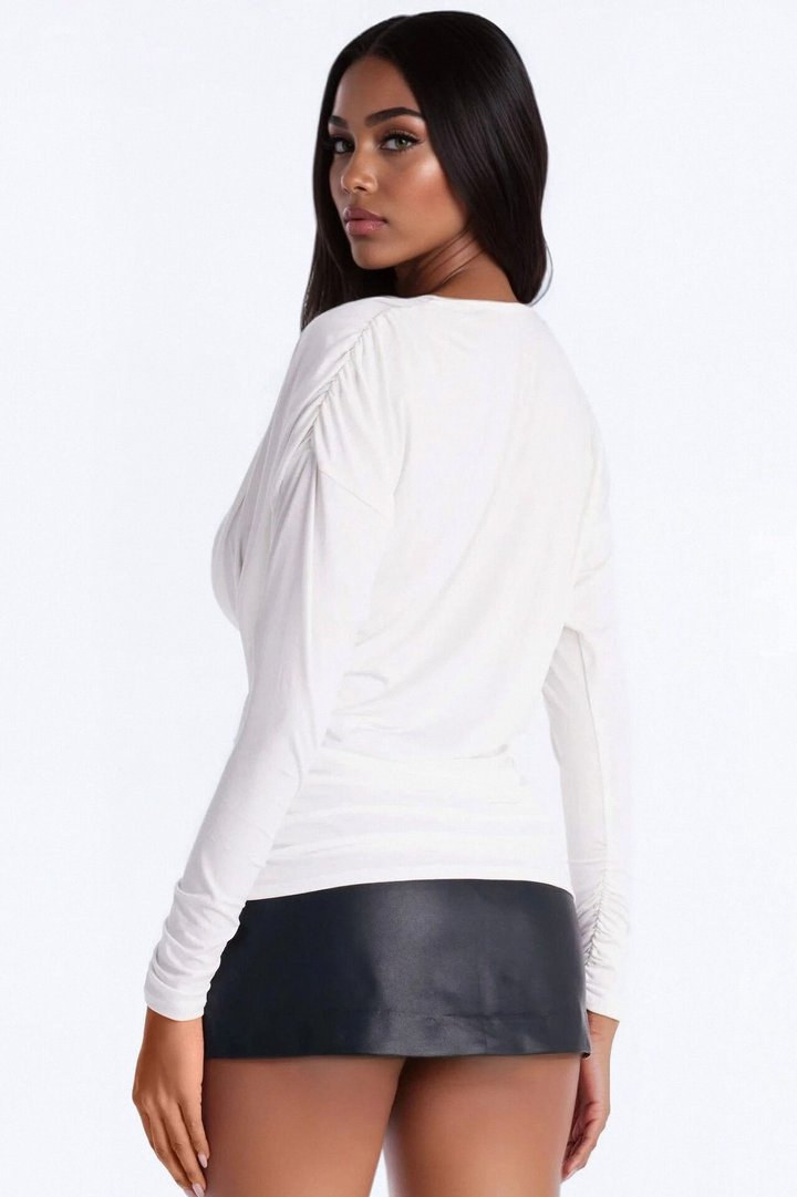 Janette Deep Cowl Neck Long Sleeve Ruched Top - White