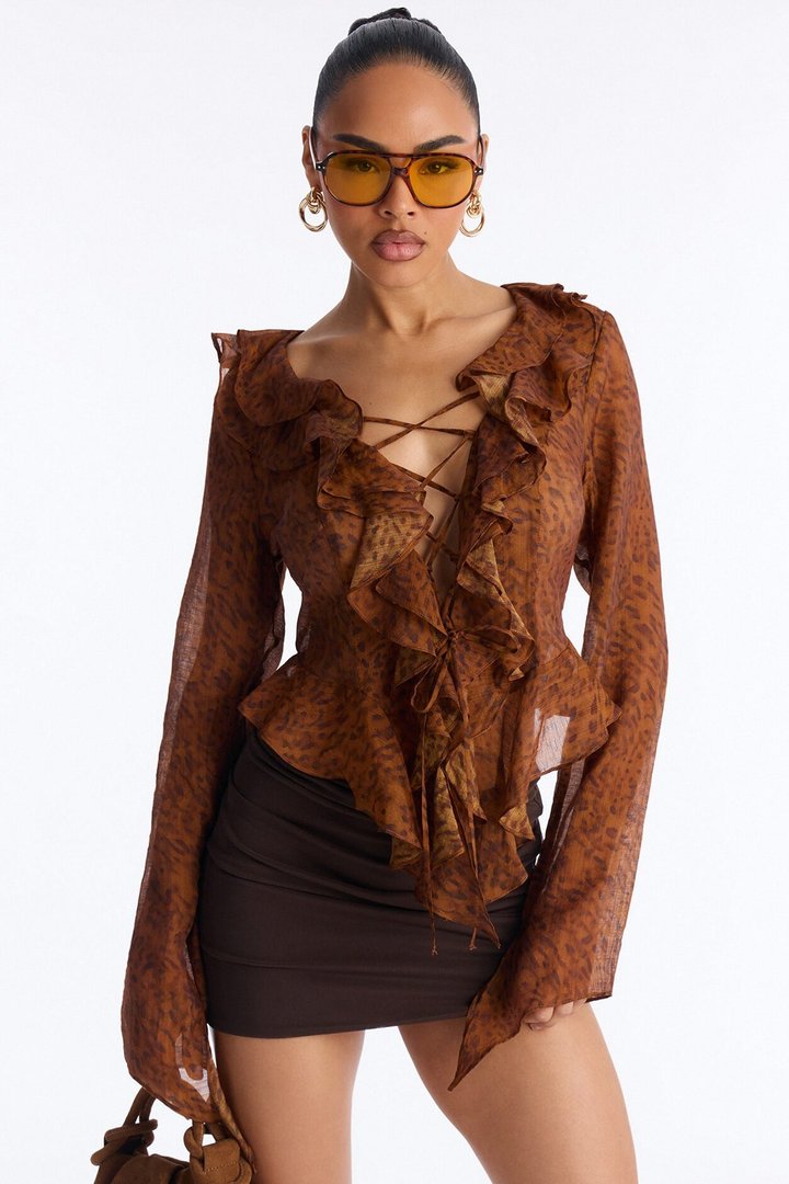 Brittney Chiffon Lace Up Long Sleeve Blouse - Brown/combo