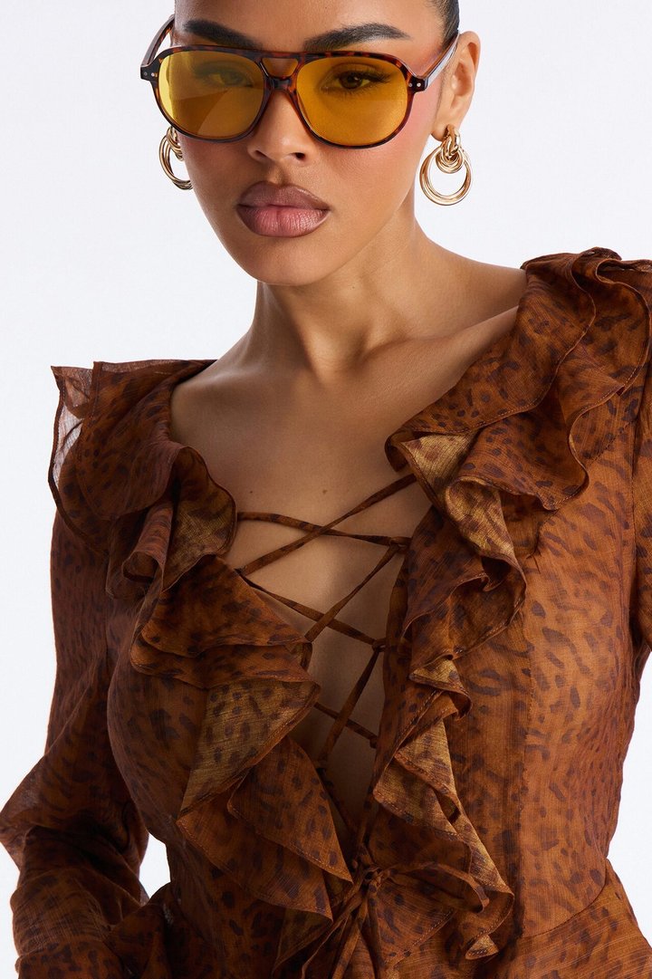 Brittney Chiffon Lace Up Long Sleeve Blouse - Brown/combo