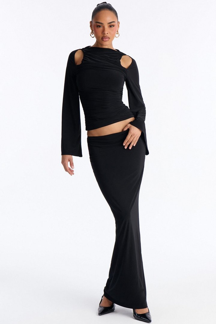 Carlita Ruched High Neck Maxi Skirt Set - Black