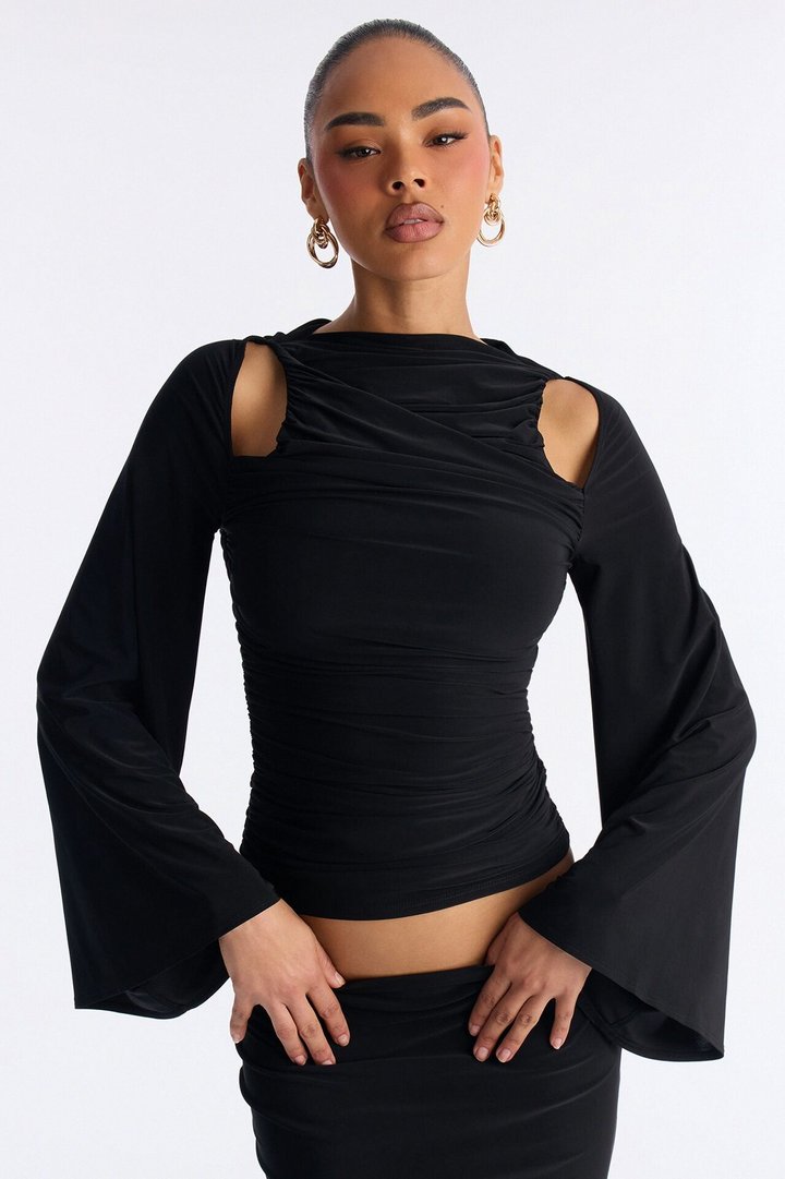 Carlita Ruched High Neck Maxi Skirt Set - Black