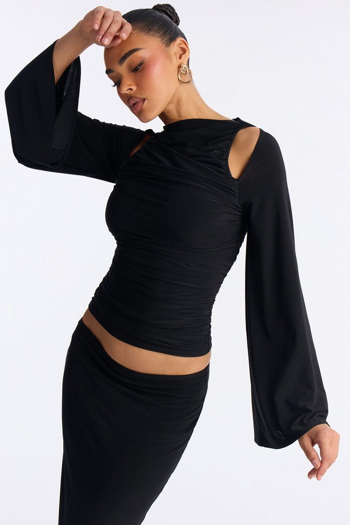 Carlita Ruched High Neck Maxi Skirt Set - Black