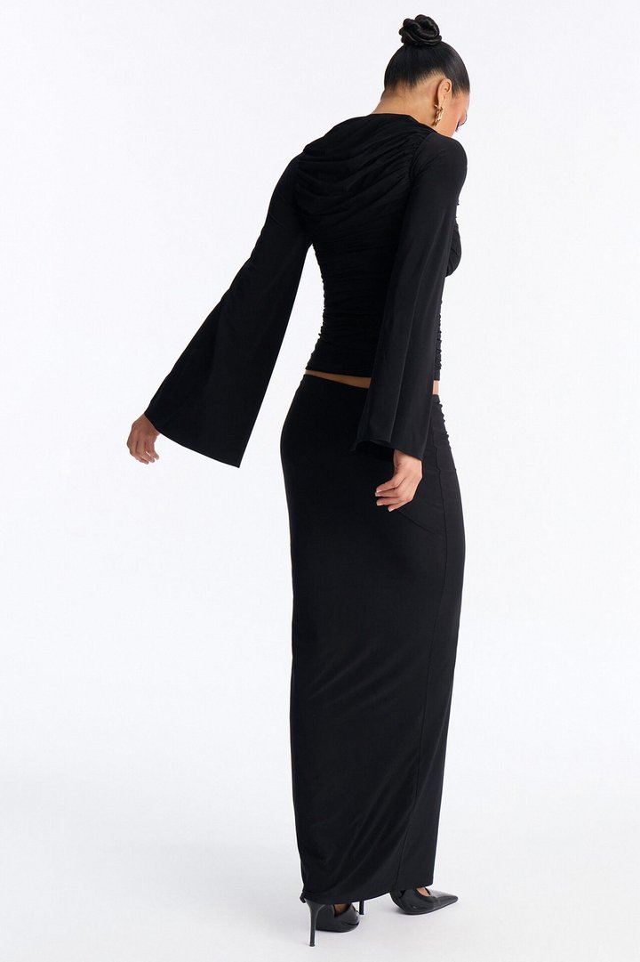 Carlita Ruched High Neck Maxi Skirt Set - Black