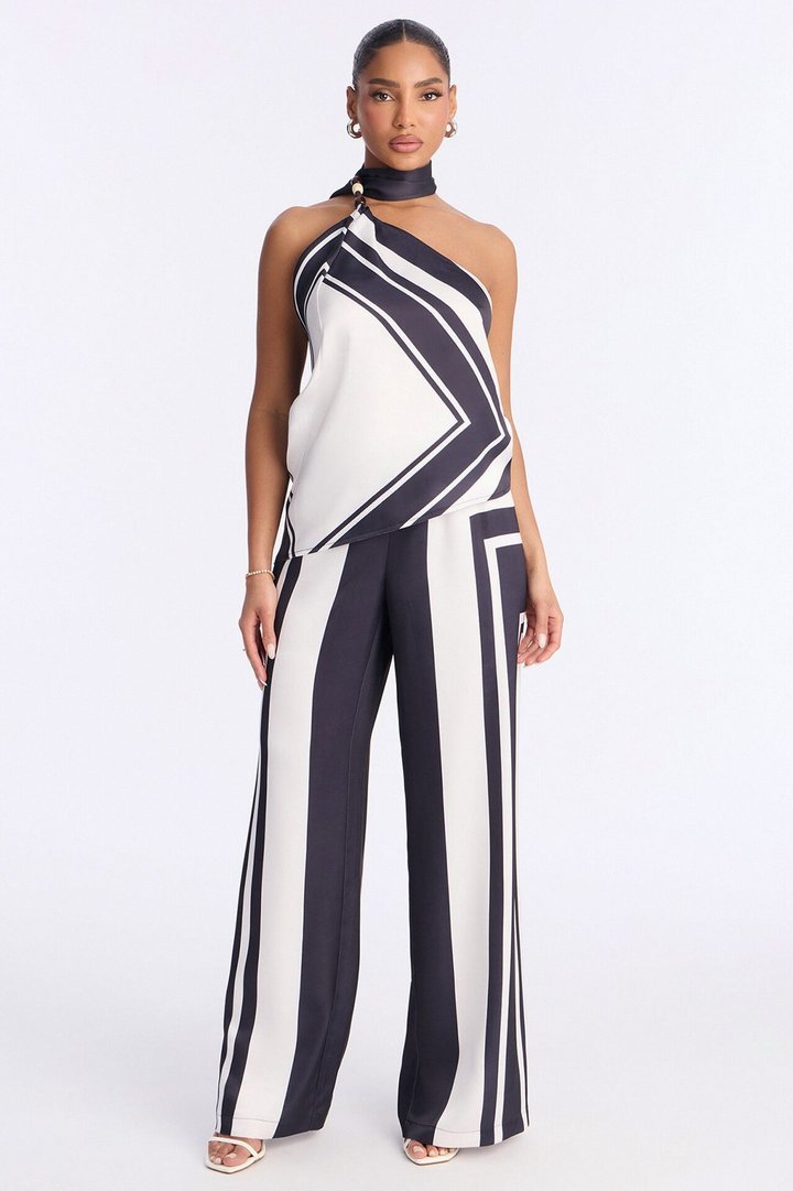 Madeline Satin Halter Pant Set - Black/White