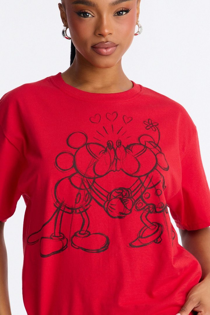 Mickey And Minnie Kissing Sketch Tee - Red