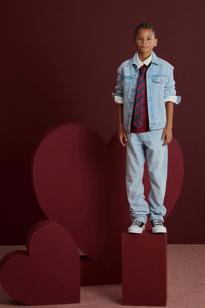 Mini Windowpane Denim Trucker Jacket - Light Wash
