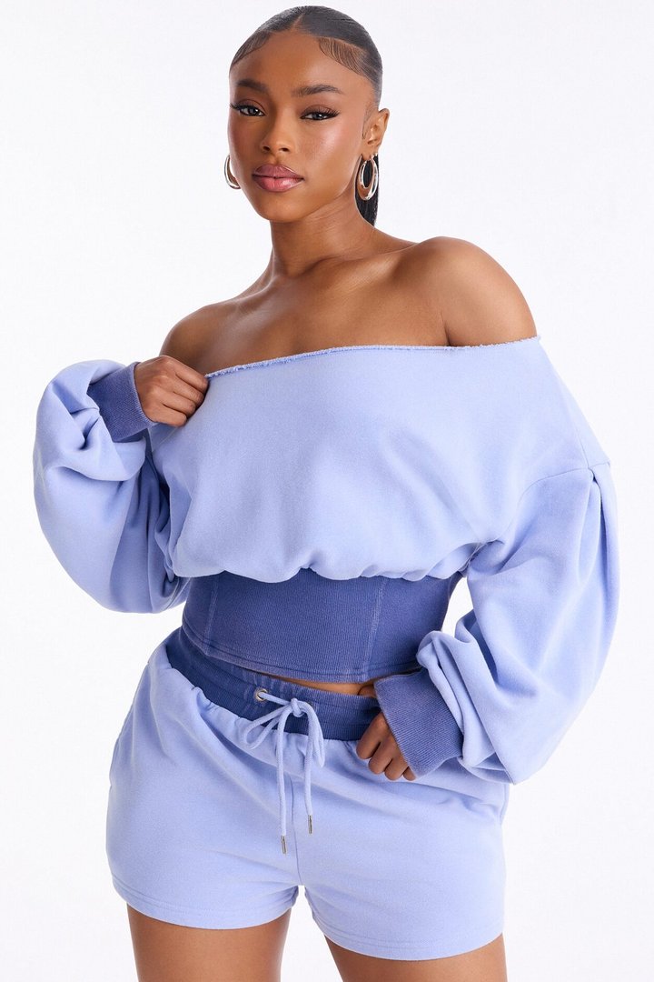 Come Find Me Washed Fleece Mix Short Set - Periwinkle