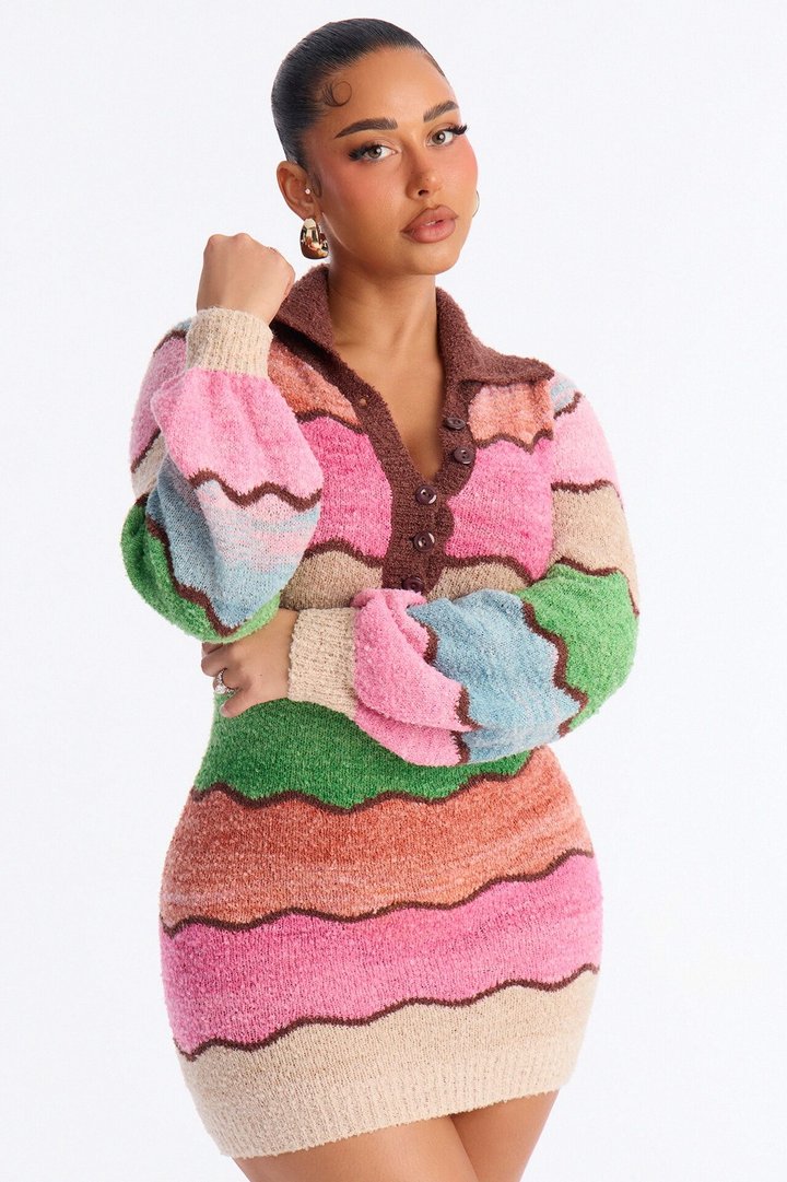 Sweet Treat Long Sleeve Sweater Mini Dress - Pink/combo