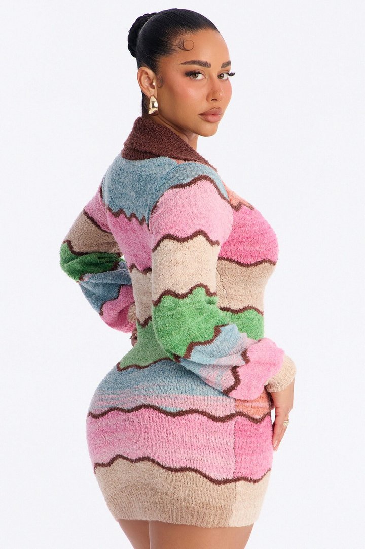Sweet Treat Long Sleeve Sweater Mini Dress - Pink/combo