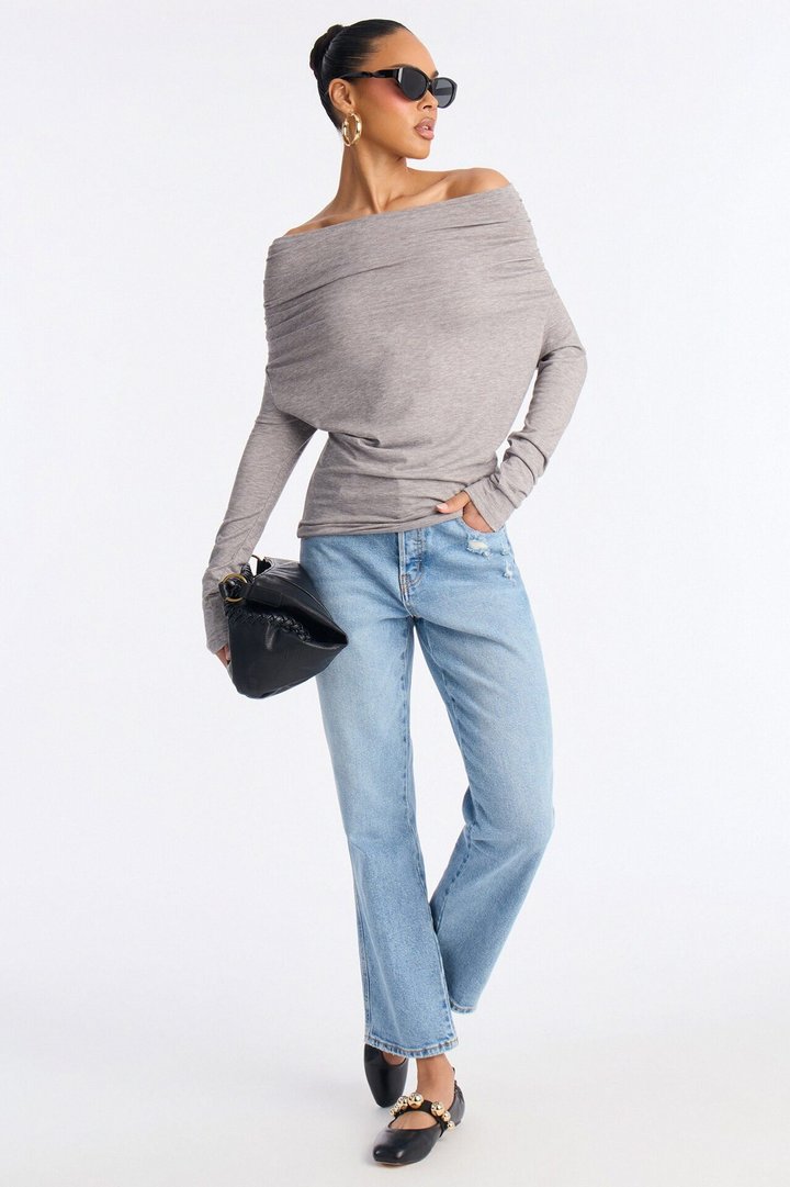 Heather Off Shoulder Ruched Long Sleeve Top - Heather Grey