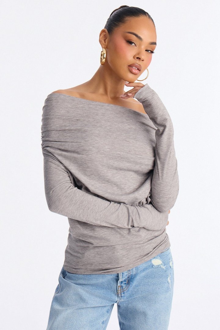 Heather Off Shoulder Ruched Long Sleeve Top - Heather Grey