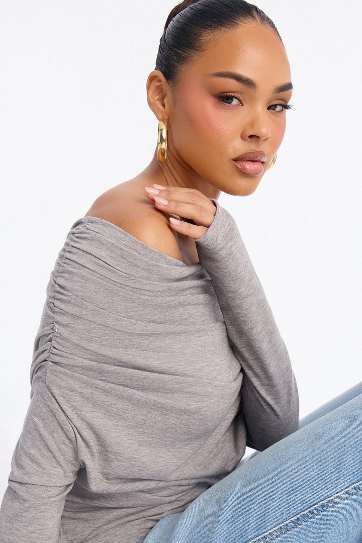 Heather Off Shoulder Ruched Long Sleeve Top - Heather Grey