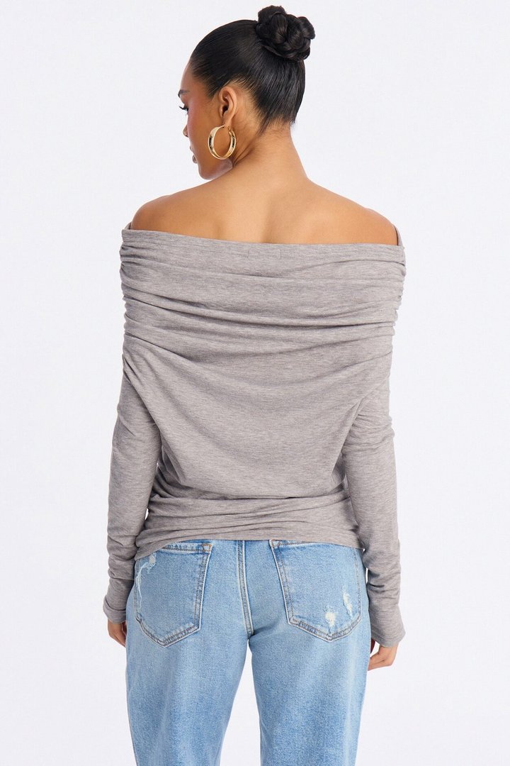 Heather Off Shoulder Ruched Long Sleeve Top - Heather Grey