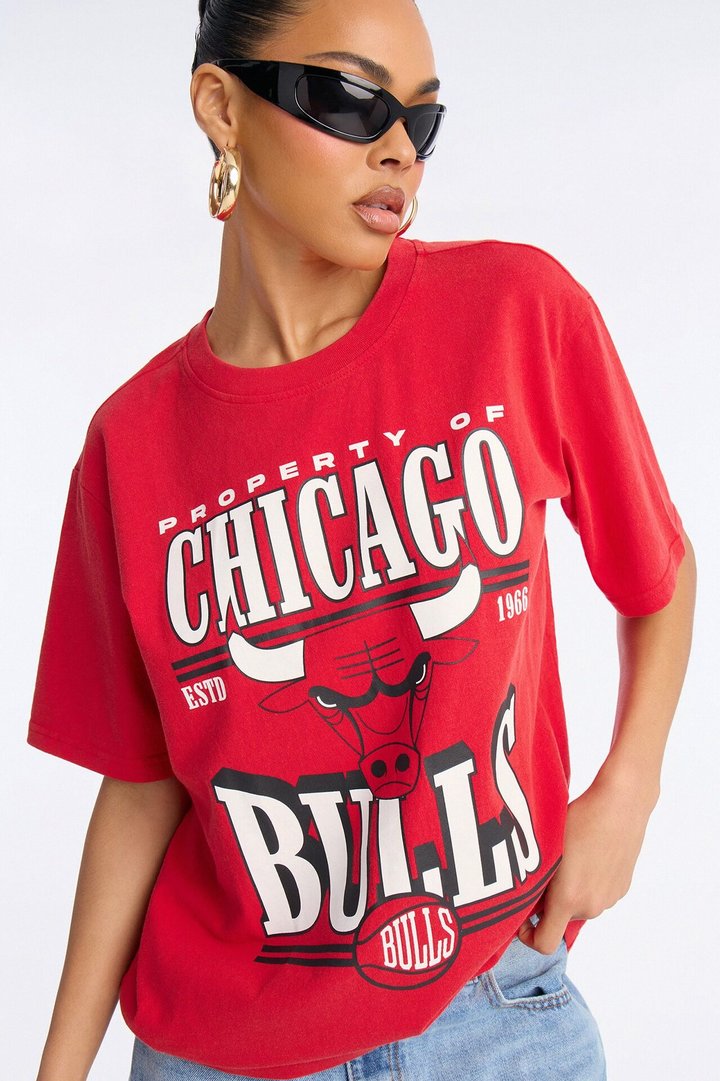 NBA Bulls Washed Oversized Tee - Red