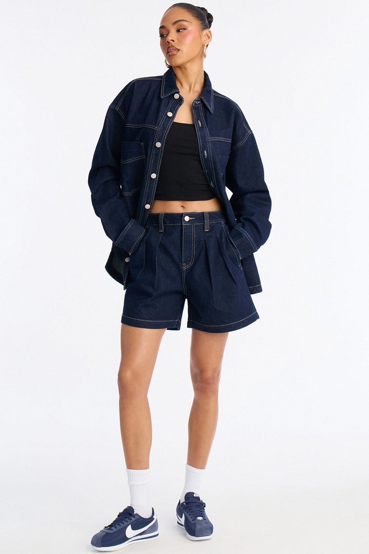 Night Borough Pleated Denim Shorts - Dark Wash
