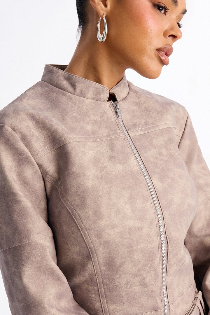 Simone Washed Faux Leather Jacket - Stone