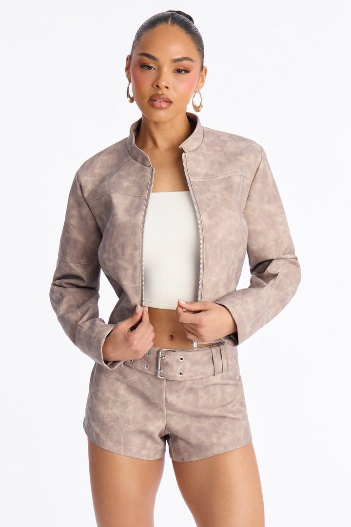 Simone Washed Faux Leather Jacket - Stone