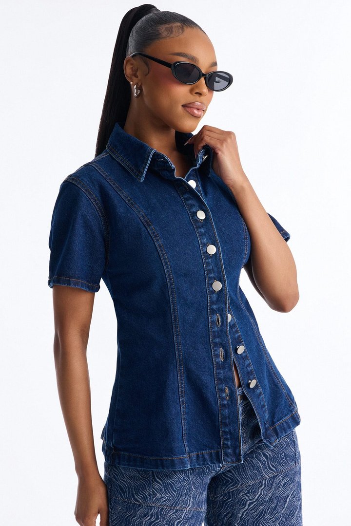Nina Cinched Waist Denim Shirt - Indigo