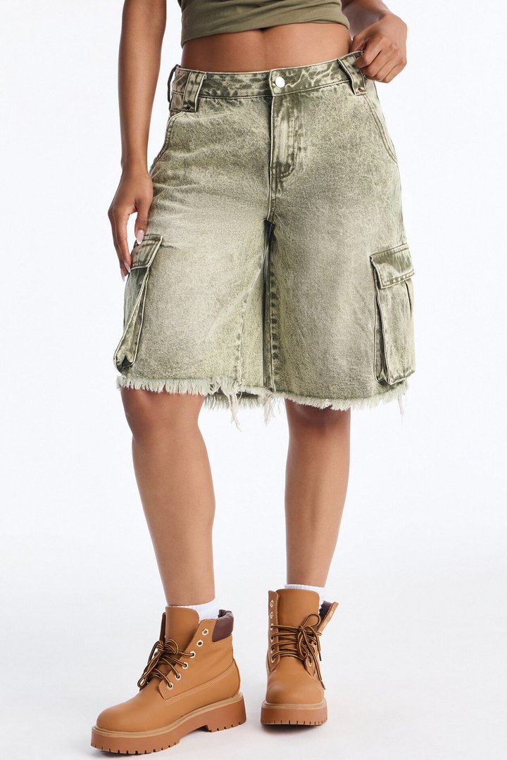 Austin Mid Rise Cargo Denim Jorts - Olive