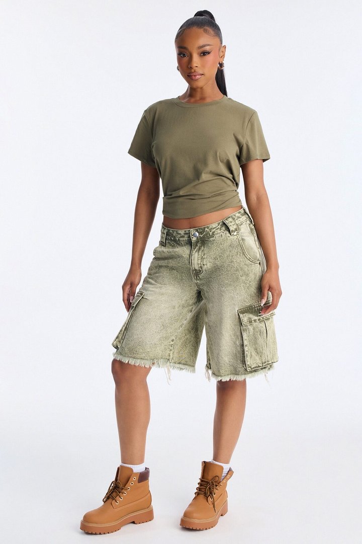 Austin Mid Rise Cargo Denim Jorts - Olive