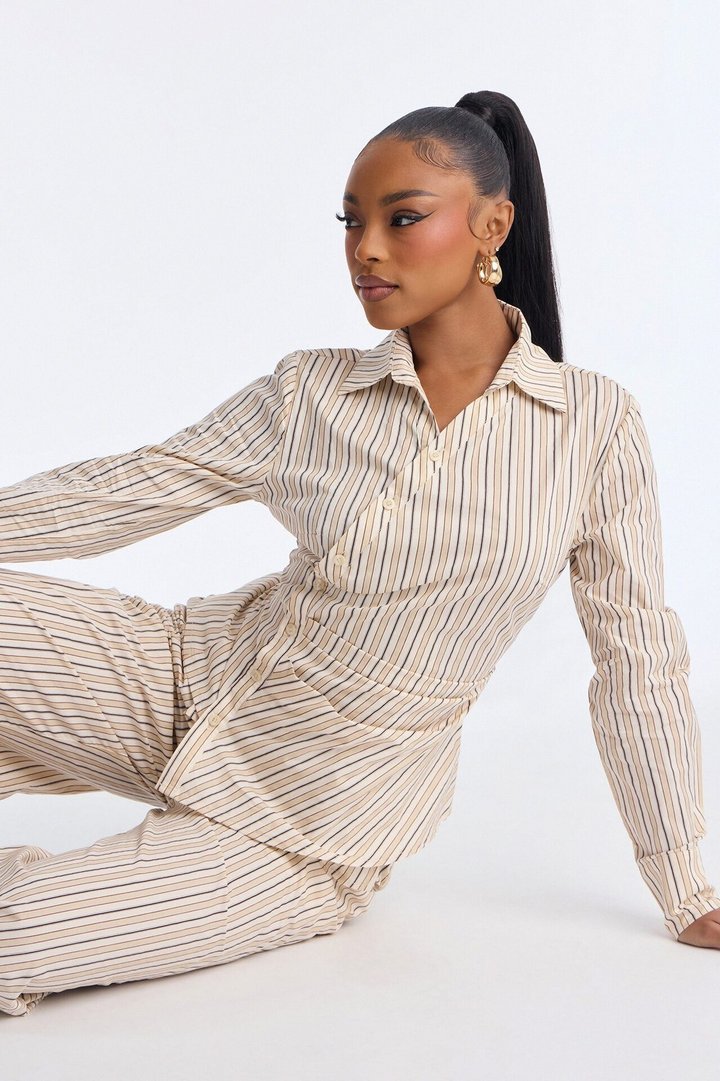 Margot Wrap Pinstripe Pant Set - Cream/combo