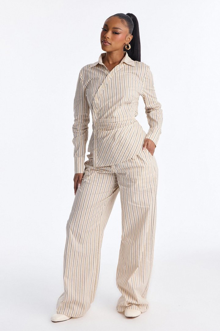 Margot Wrap Pinstripe Pant Set - Cream/combo