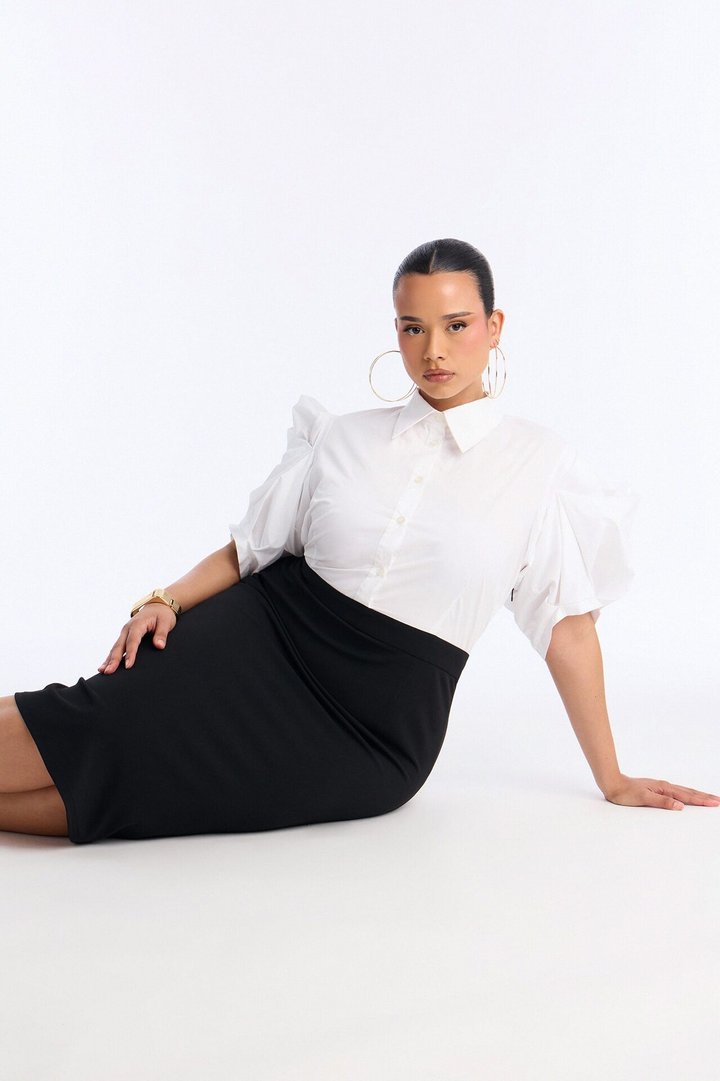 Send The Funds Collar Midi Dress - White/Black