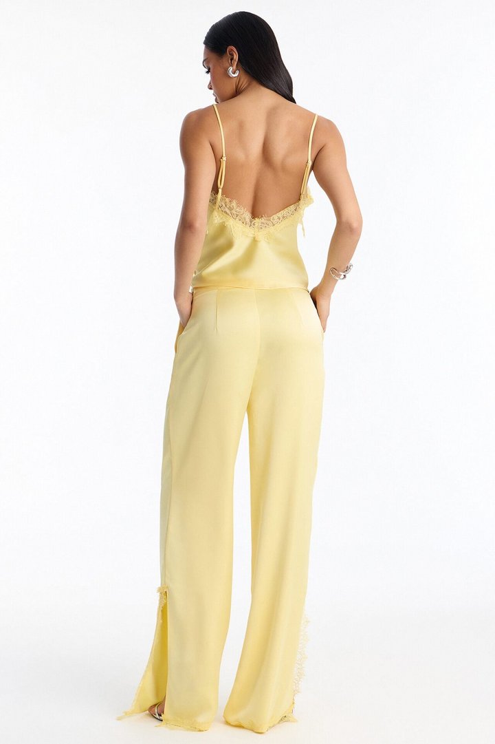 Araiza Satin Lace Trim Pant Set - Yellow