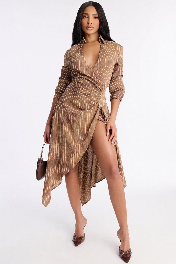 Adeline Pinstripe Tie Dye Midi Dress - Brown