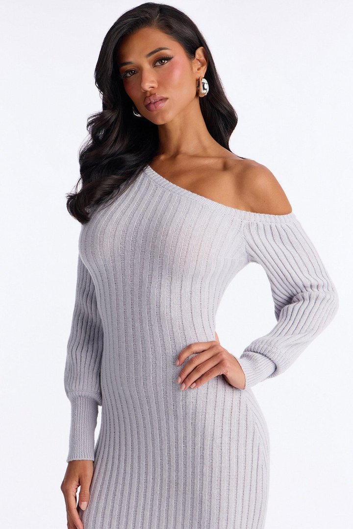 Stop And Stare Fur Trim Sweater Maxi Dress - Grey