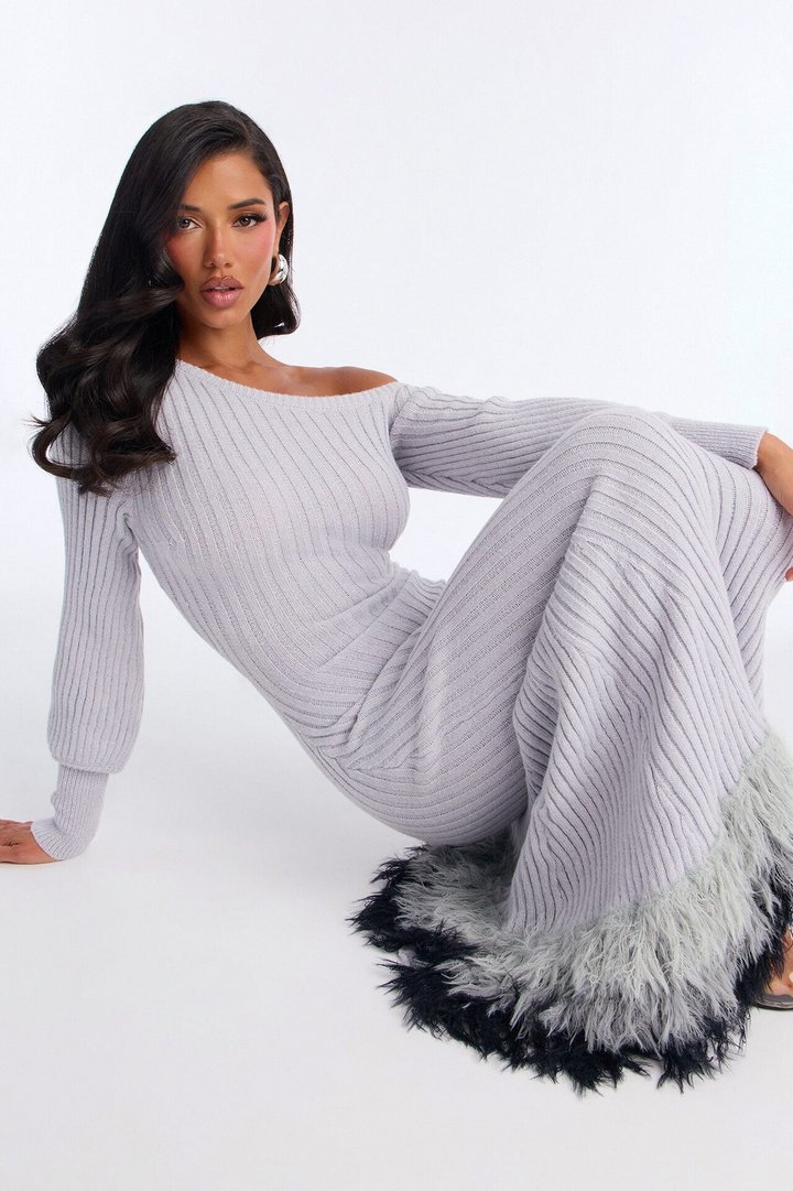 Stop And Stare Fur Trim Sweater Maxi Dress - Grey