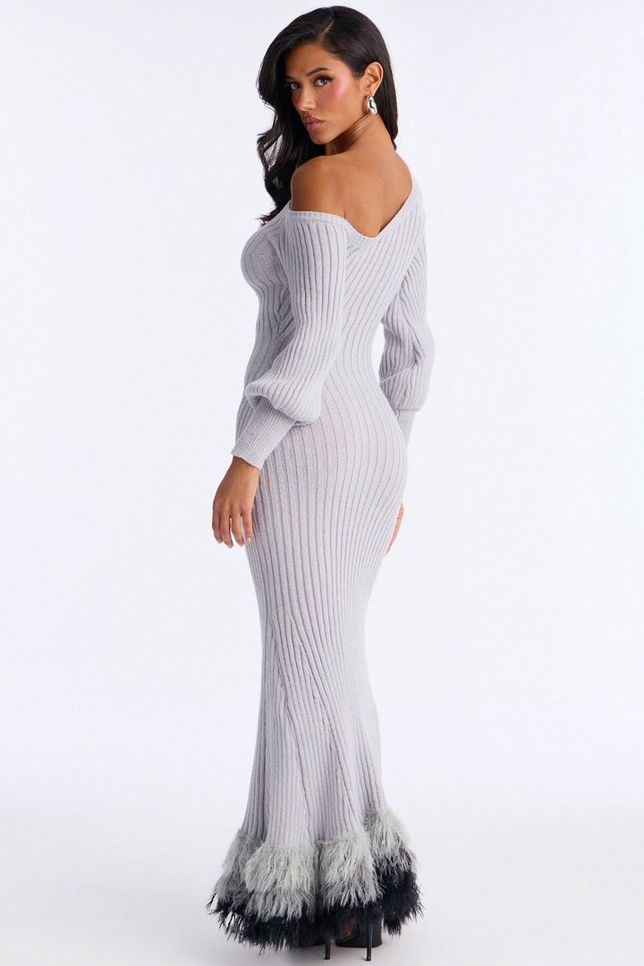 Stop And Stare Fur Trim Sweater Maxi Dress - Grey