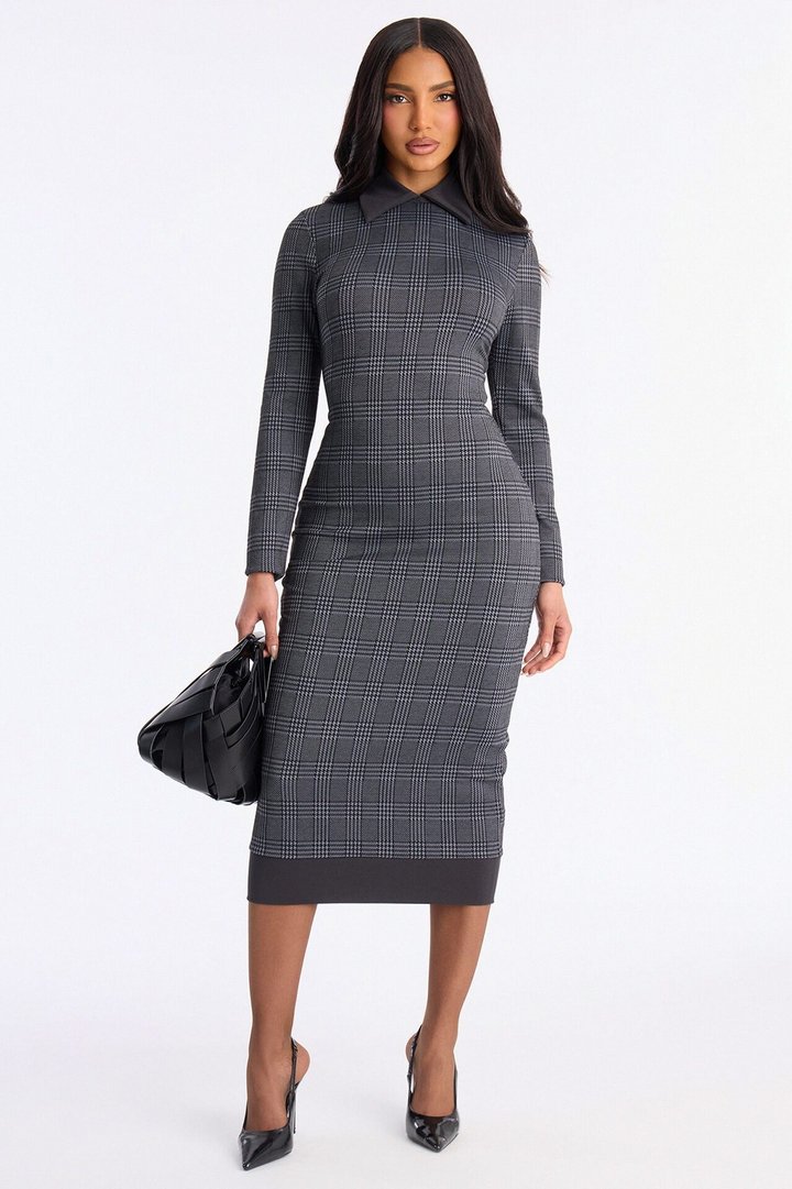 Tori Collar Houndstooth Midi Dress - Grey