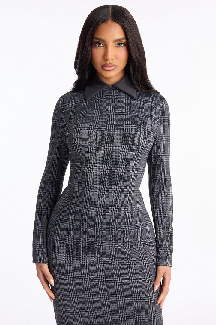 Tori Collar Houndstooth Midi Dress - Grey