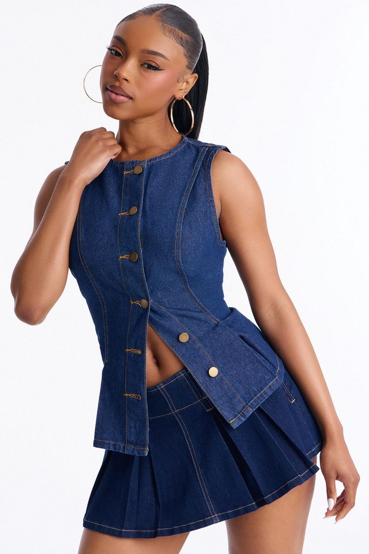 Taryn Peplum Denim Top - Dark Wash