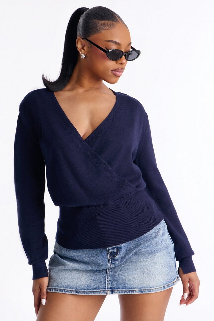 Amelia Shoulder Pads Surplice Sweater Top - Navy