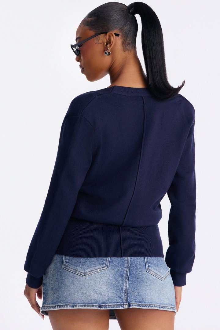 Amelia Shoulder Pads Surplice Sweater Top - Navy