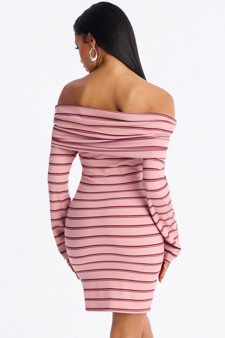 Britta Long Sleeve Ribbed Mini Dress - Mauve/combo