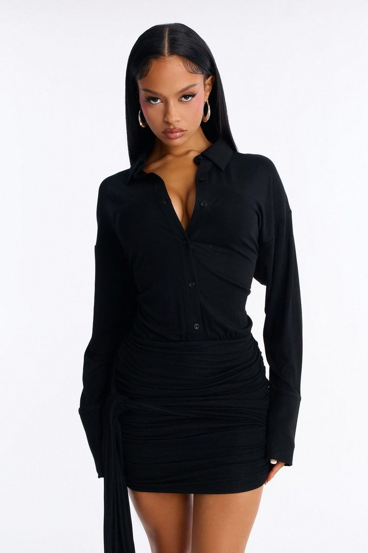 Thalia Draped Cotton Mini Dress - Black