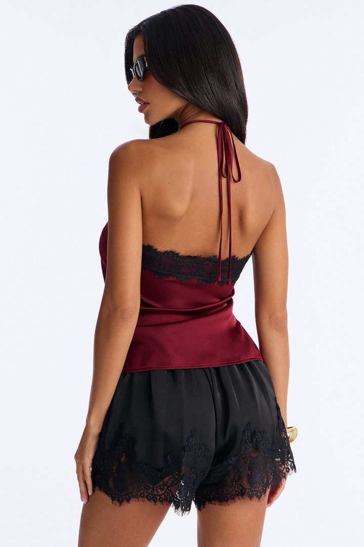 Jayde Satin Lace Detail Halter Top - DarkRed